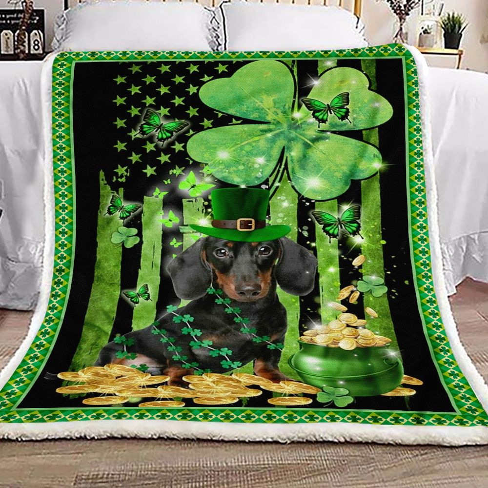 Irish Black Dachshund Patrick Clover Lucky Charm Fleece Blanket