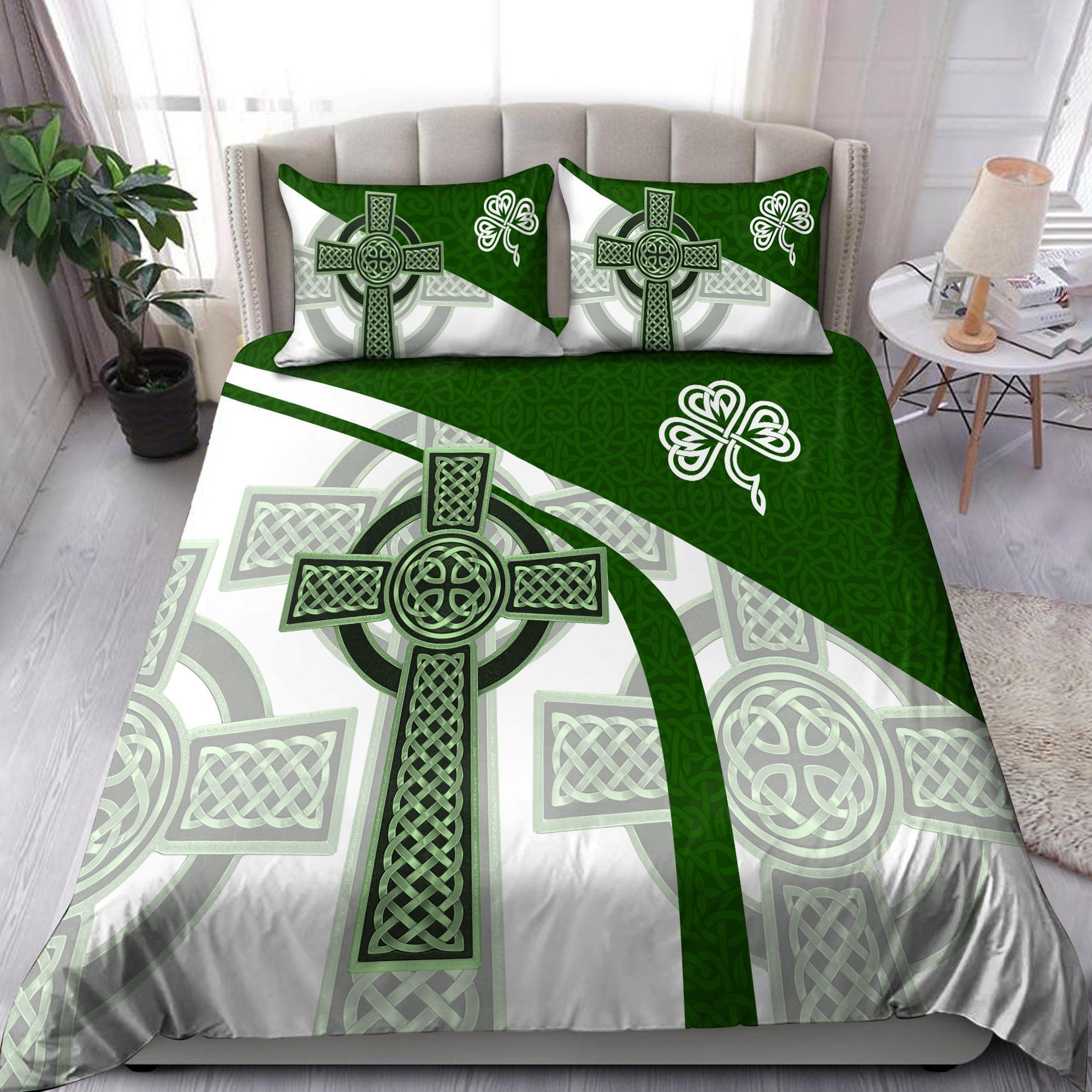 Irish Celtic Knot Cross Green And White St Patrick’s Day Bedding Set