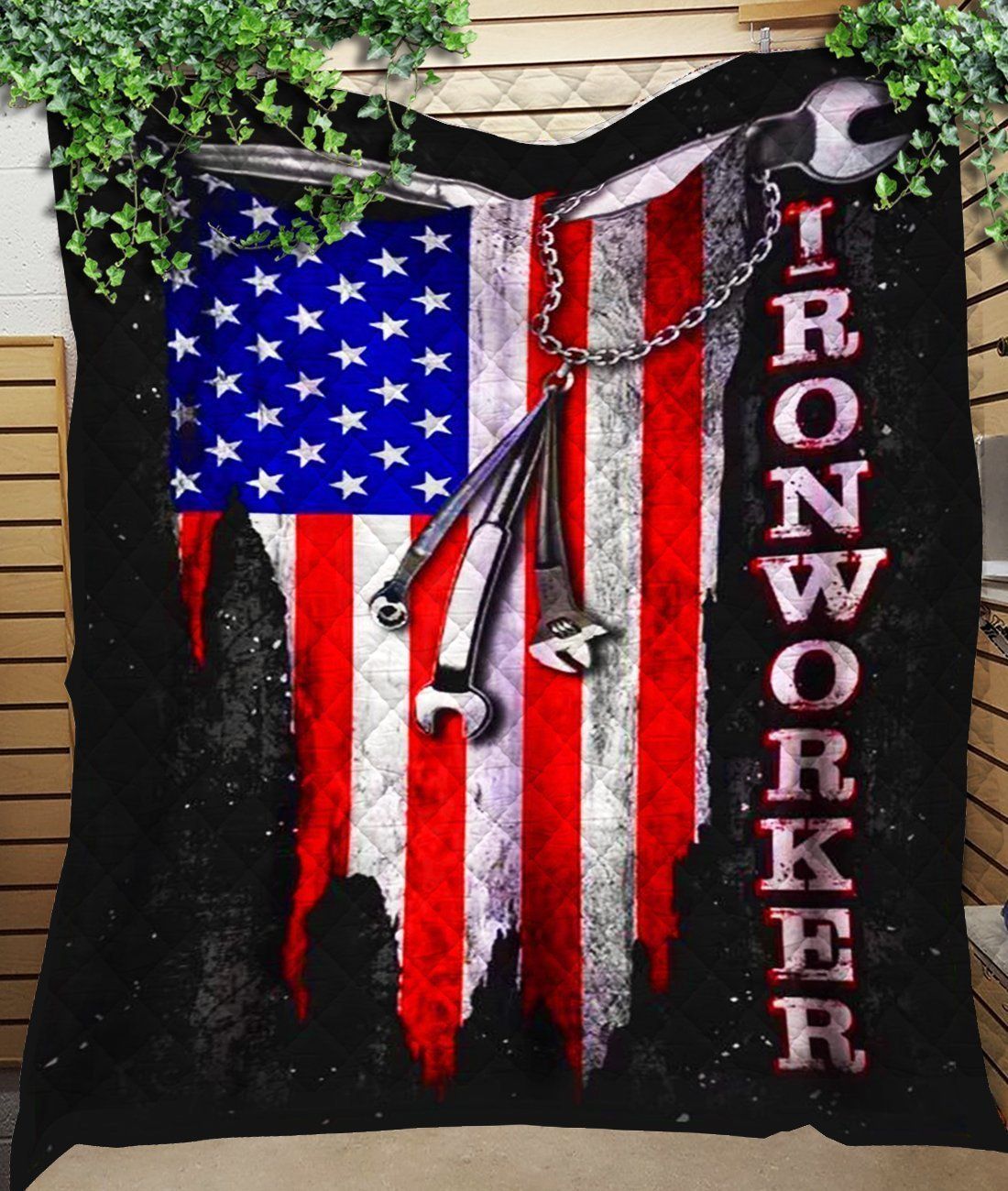 Ironworker American Flag Black Quilt Blanket