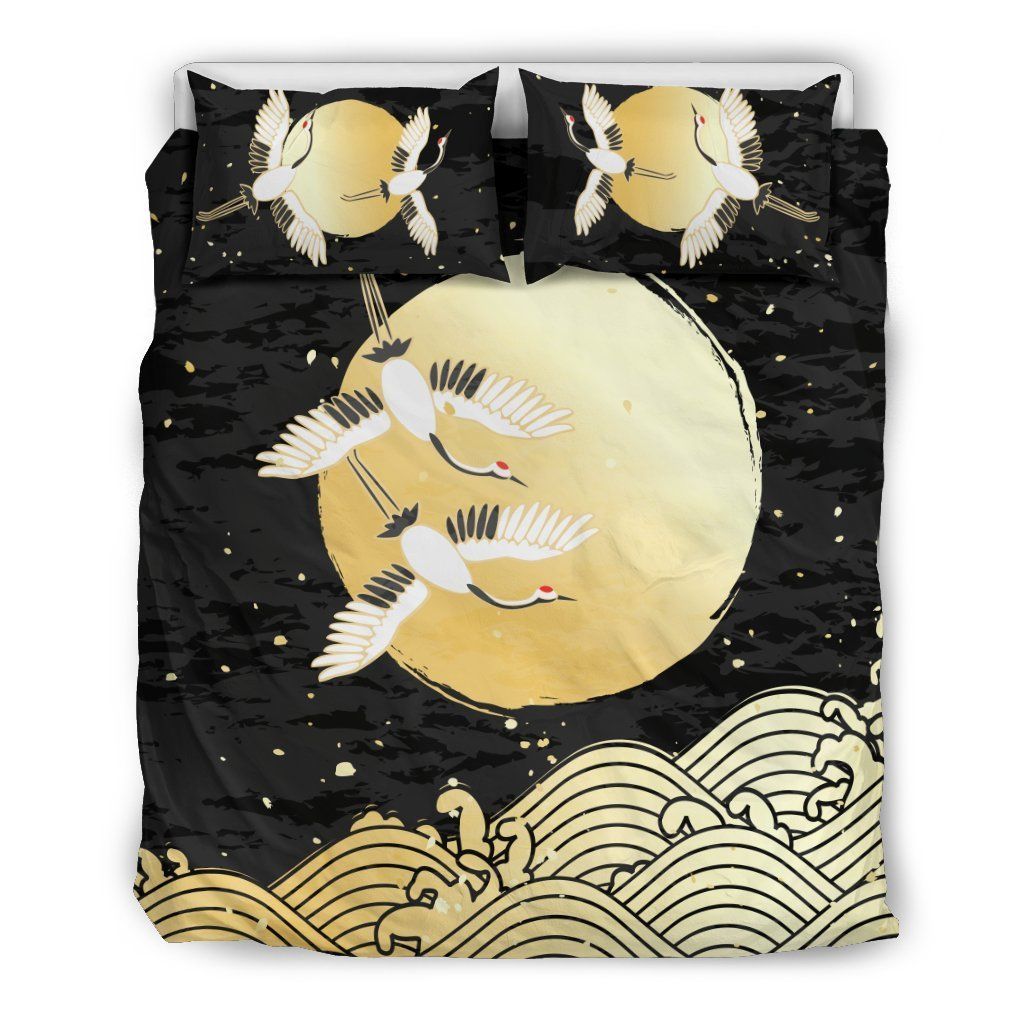 Japan Cranes Great Waves The Moon Back And Yellow Bedding Set