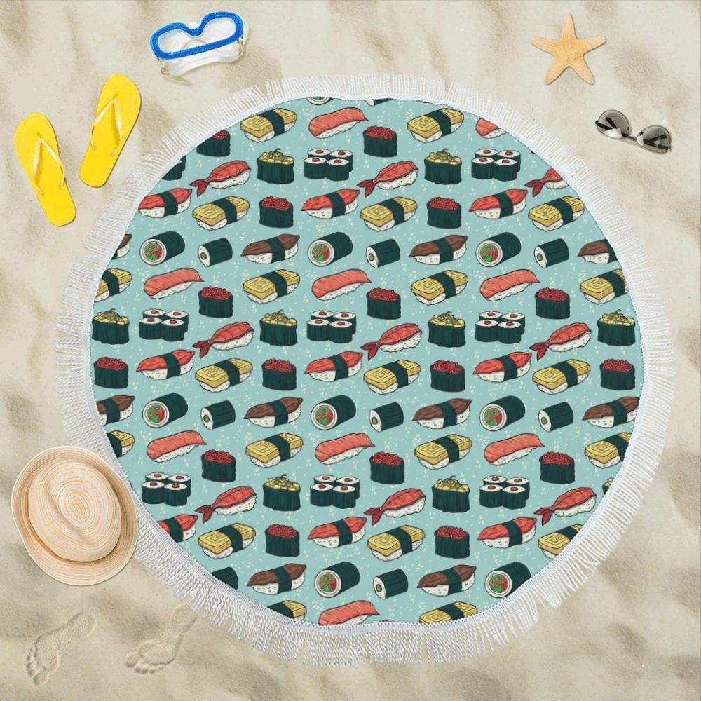 Japan Food Sushi Pattern Design Round Beach Towel