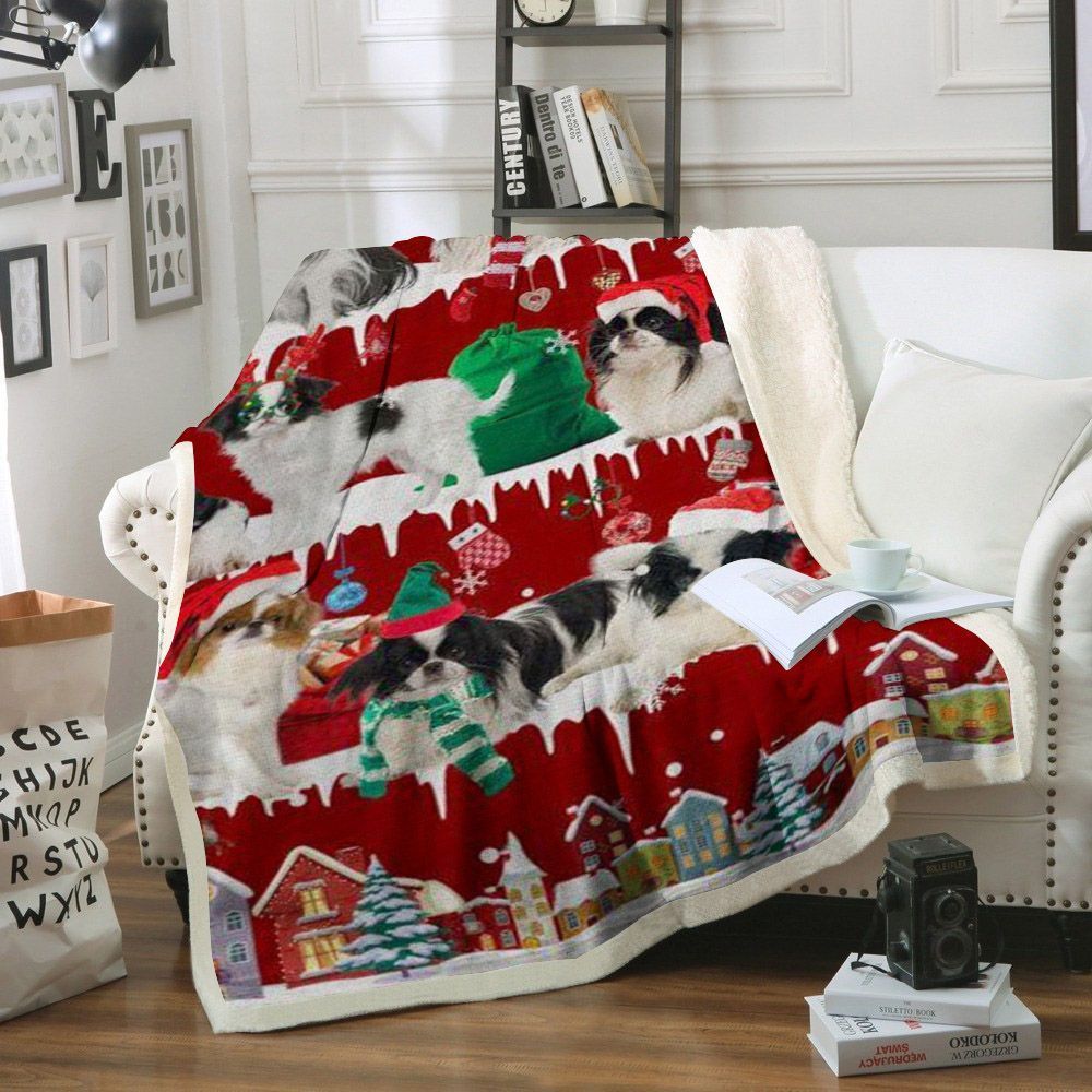 Japanese Chin Snow Christmas Sherpa Fleece Blanket