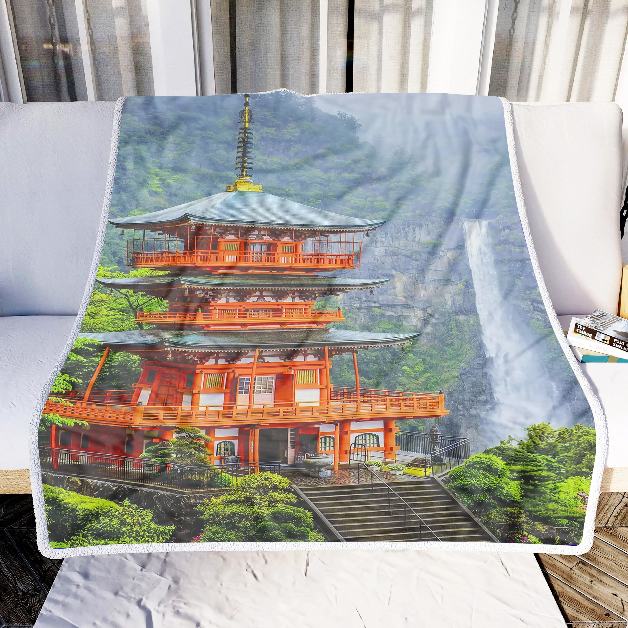 Japanese Waterfall Architecture Fleece Blanket