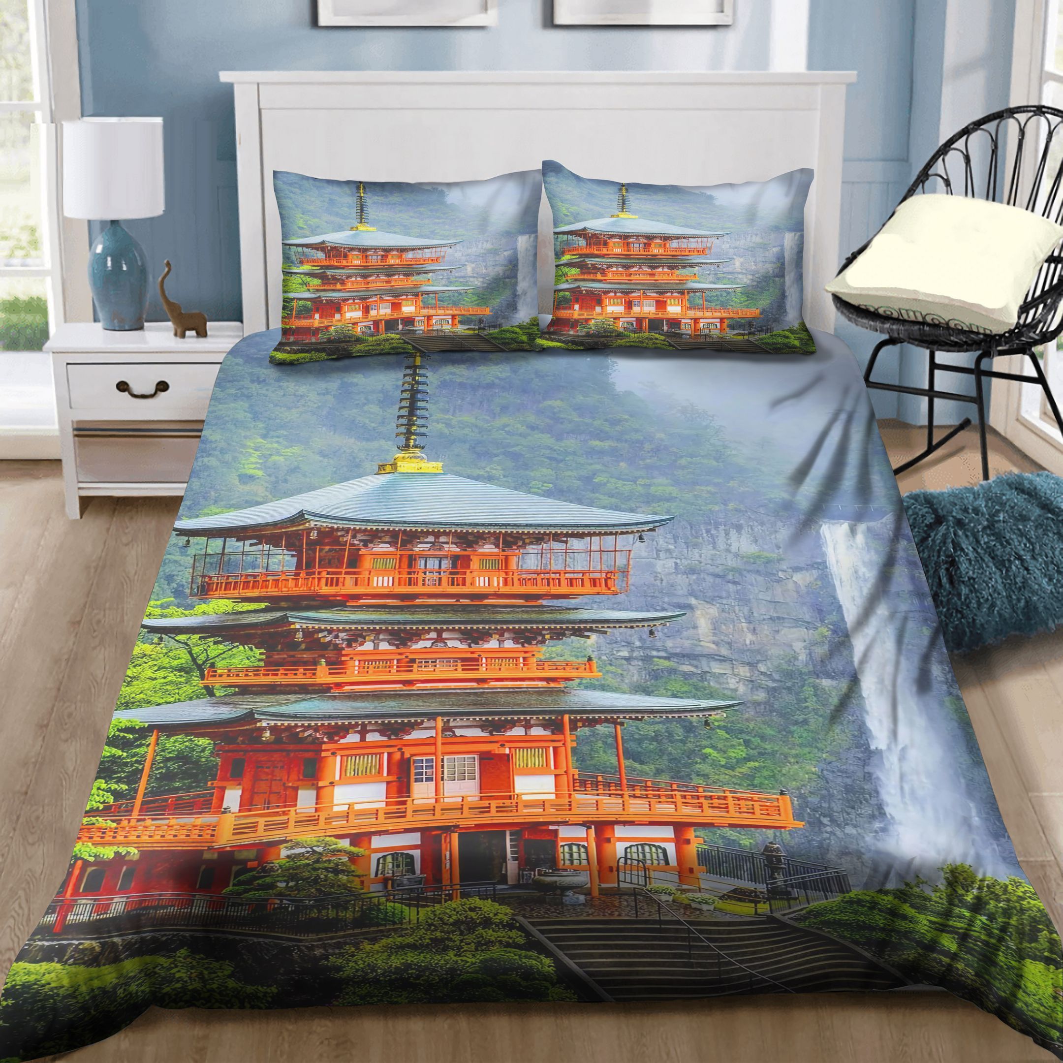 Japanese Waterfall Architecture Bedding Set