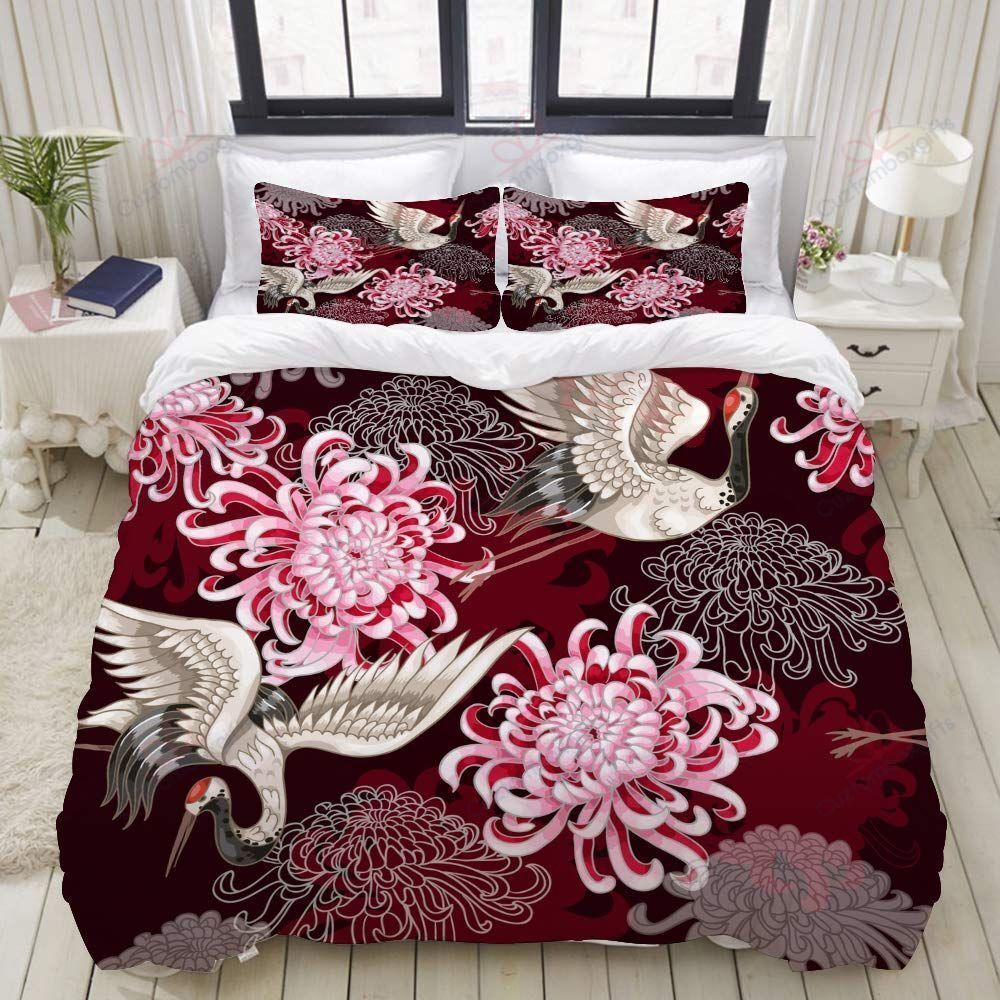 Japanese White Cranes Chrysanthemums Bedding Set