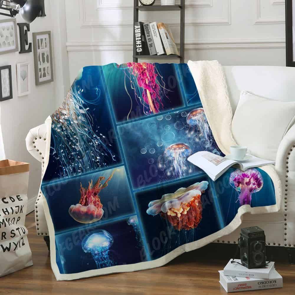 Jellyfish Blue Ocean Sherpa Fleece Blanket