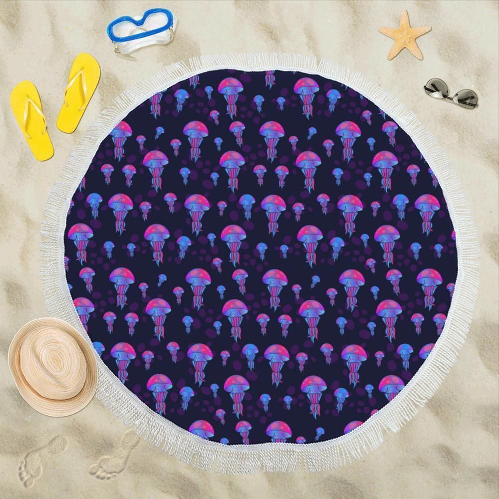 Jellyfish Neon Print Round Beach Towel