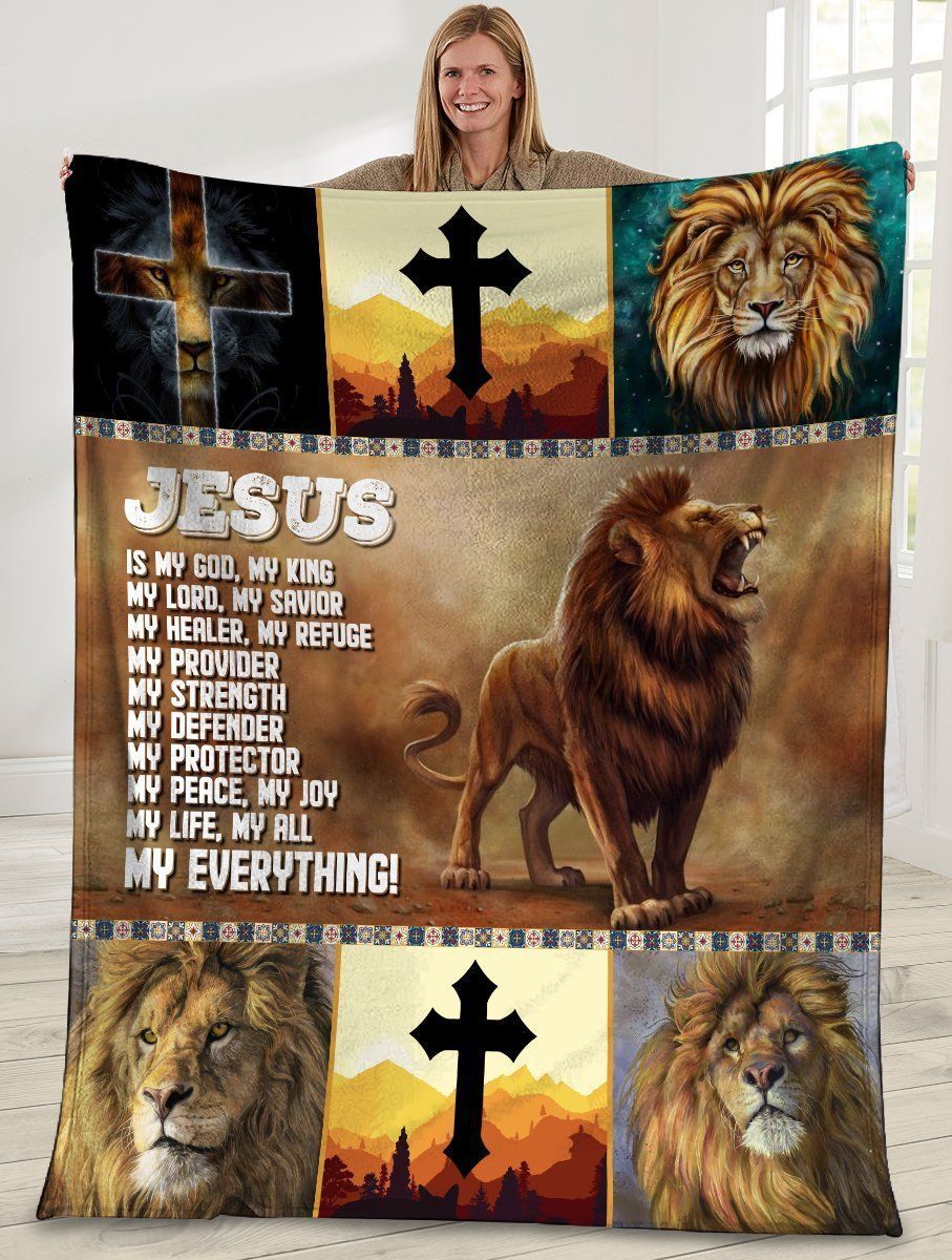 Jesus Is My God My King Lion Cross Christian Fleece Blanket