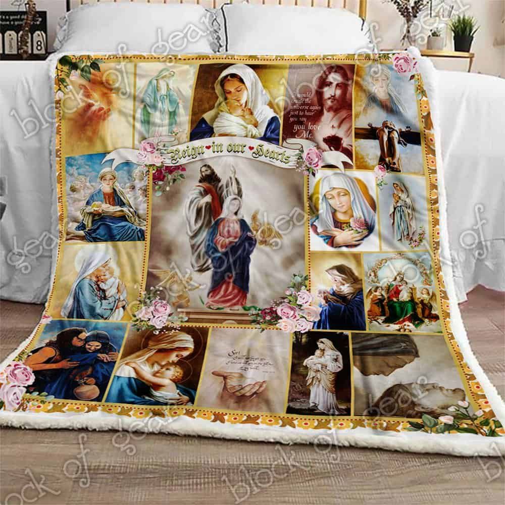 Jesus & Mary Reign In Our Hearts Fleece Blanket