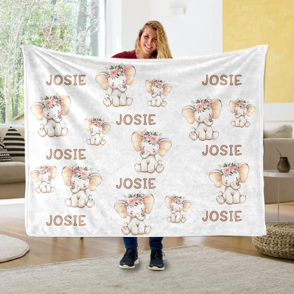 Josie Cartoon Elephant Custom Name Fleece Blanket