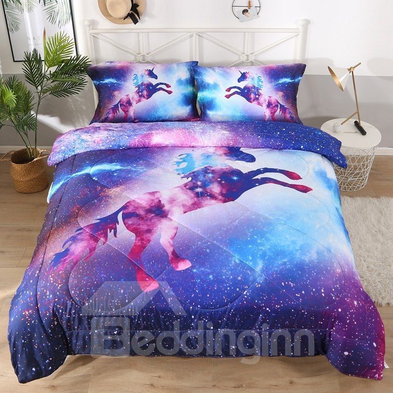 Jumping Unicorns In The Purple Galaxy Bedding Set