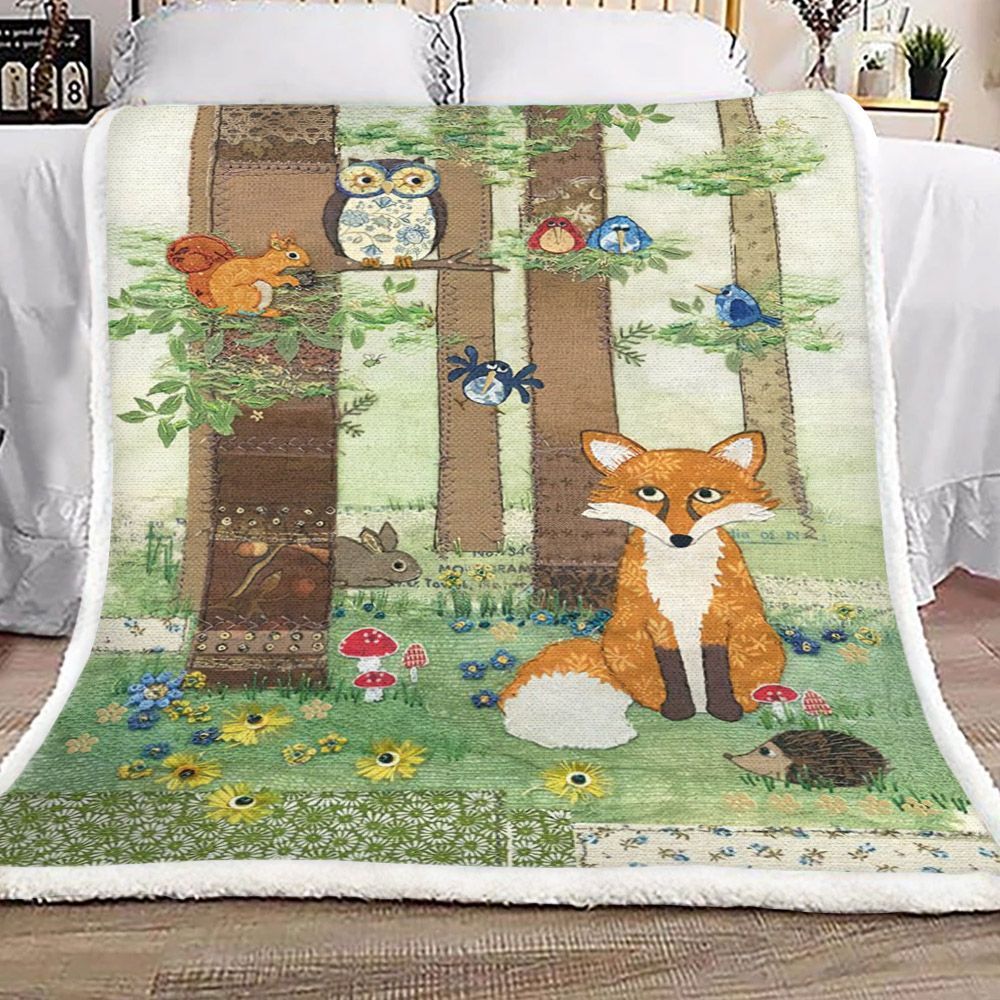 Jungle Fox Bird Owl Rabbit Flower Mushroom Sherpa Fleece Blanket