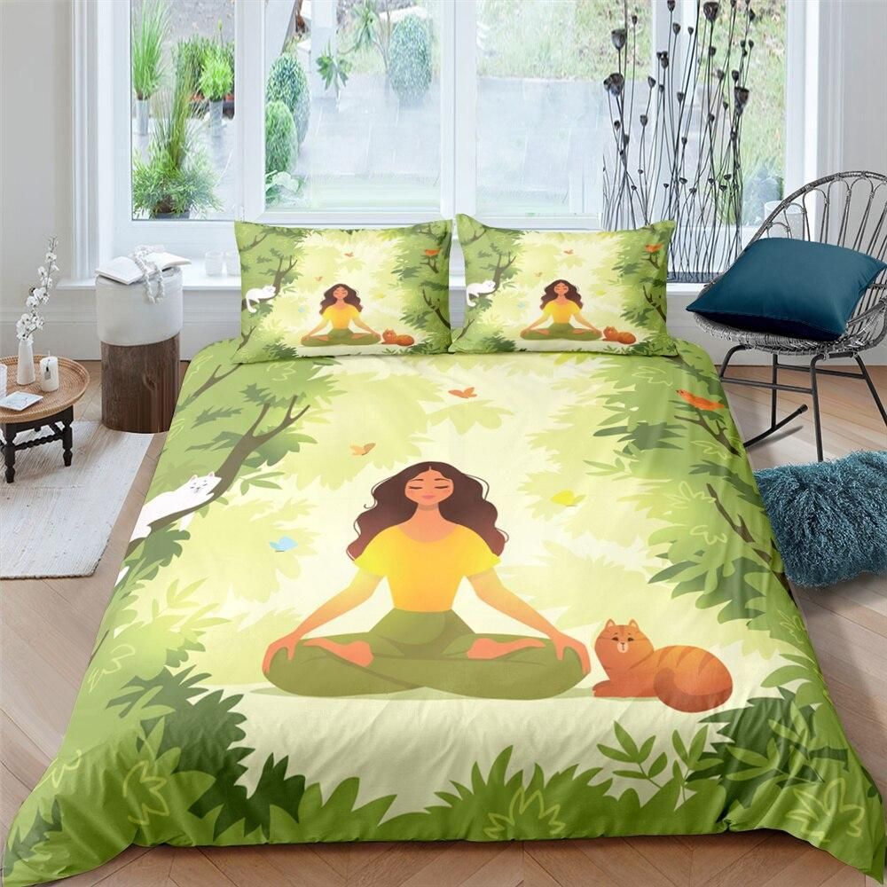 Jungle Yoga Girl And Cat Bedding Set