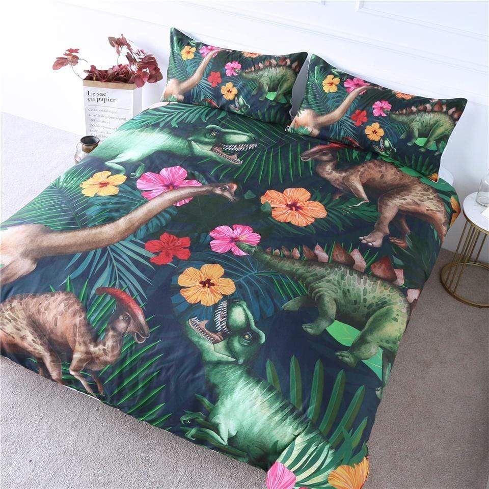 Jurassic With Flowers And Tropical Leaves Bedding Set