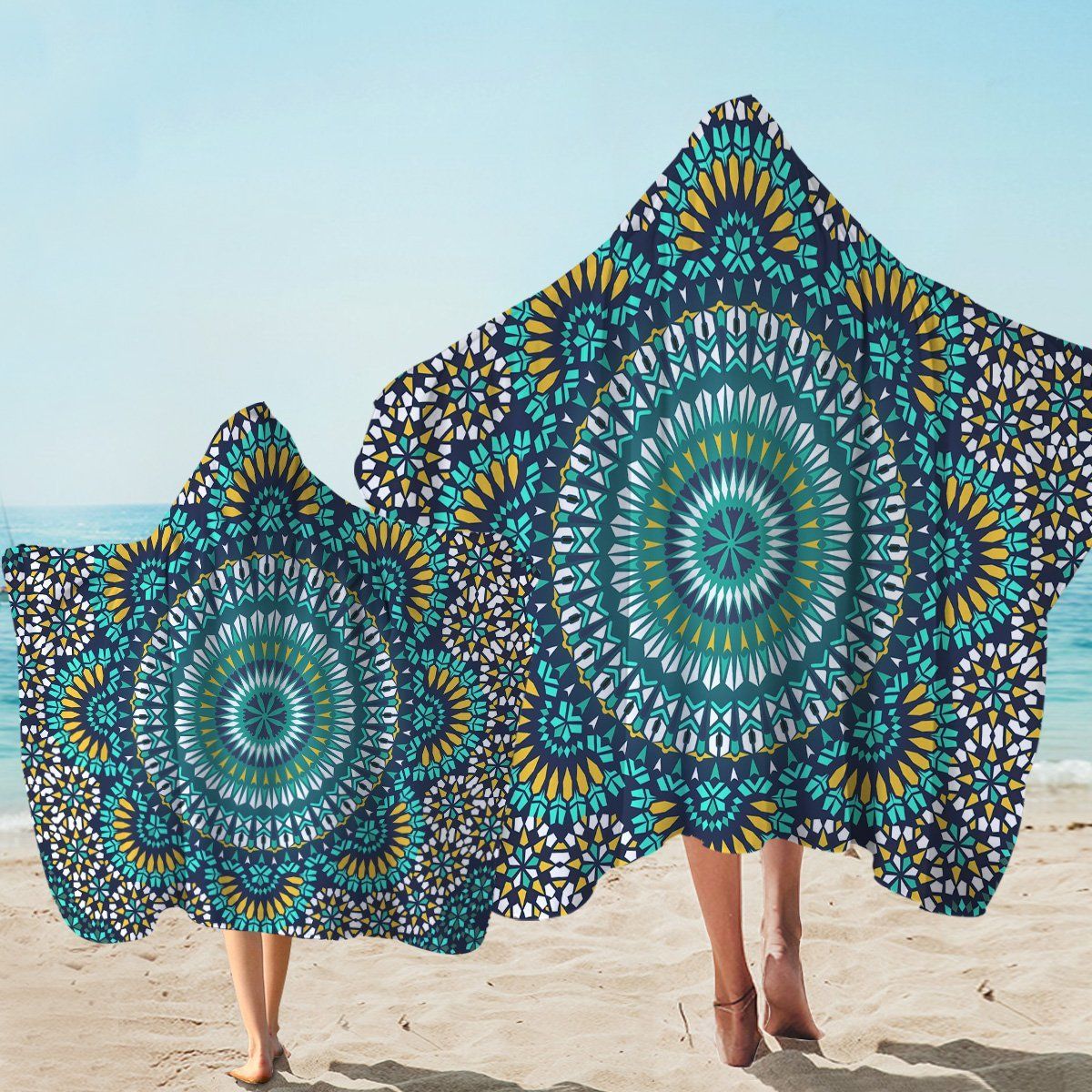 Kaleidoscope Aqua Flower Pattern Printed Hooded Towel