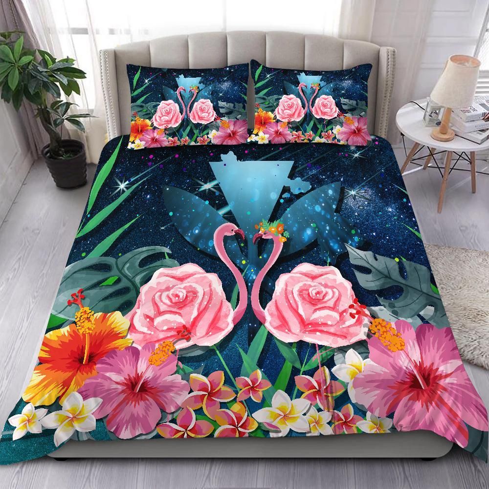 Kanaka Flamingo Couple Rose Hibiscus Plumeria Love Universe Bedding Set