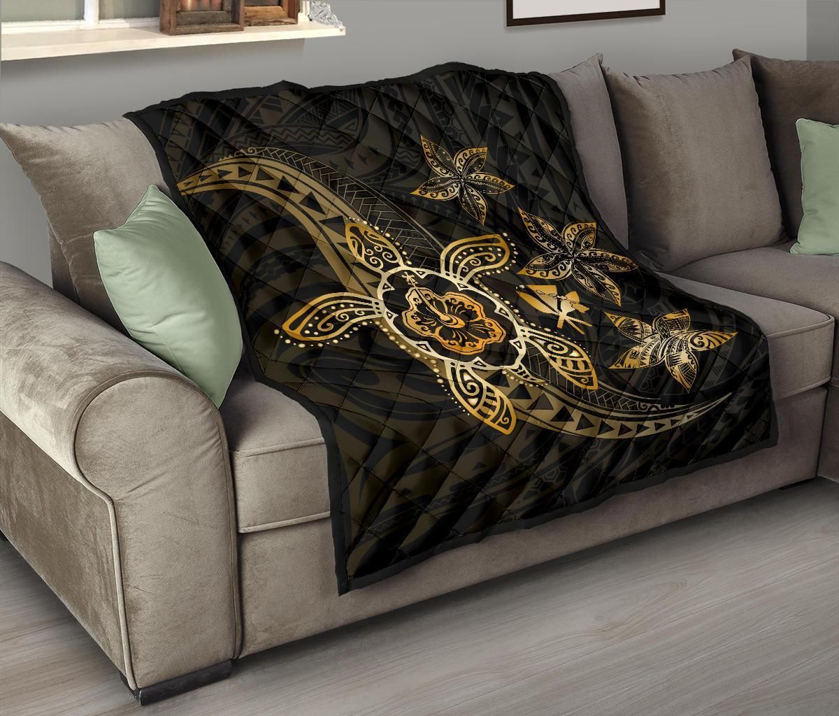 Kanaka Map Hibiscus Plumeria Turtle Art Gold Polynesian Premium Quilt J1 DHC22119969DD