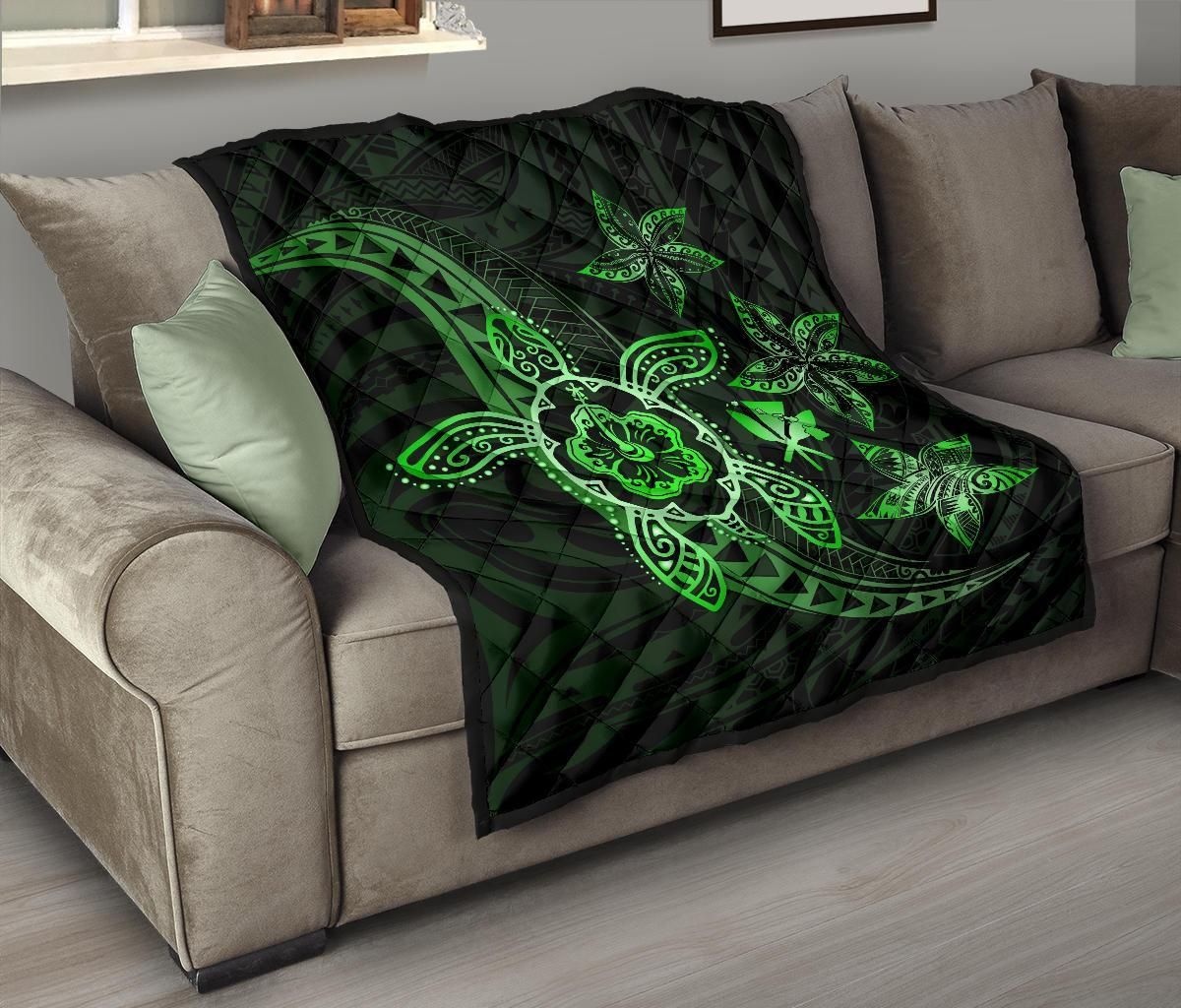 Kanaka Map Hibiscus Plumeria Turtle Art Green Polynesian Premium Quilt J1 DHC22119968DD