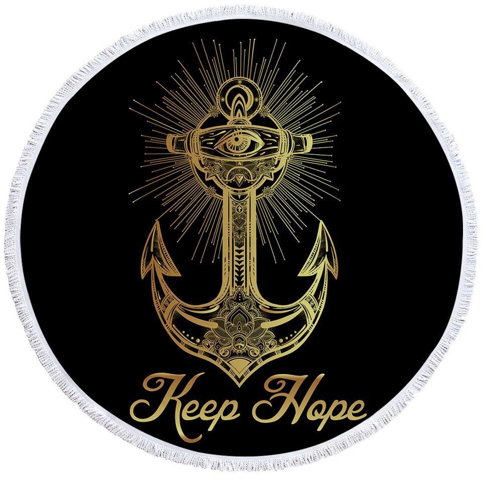 Keep Hope Regal Anchor On Black Printed Round Beach Towel