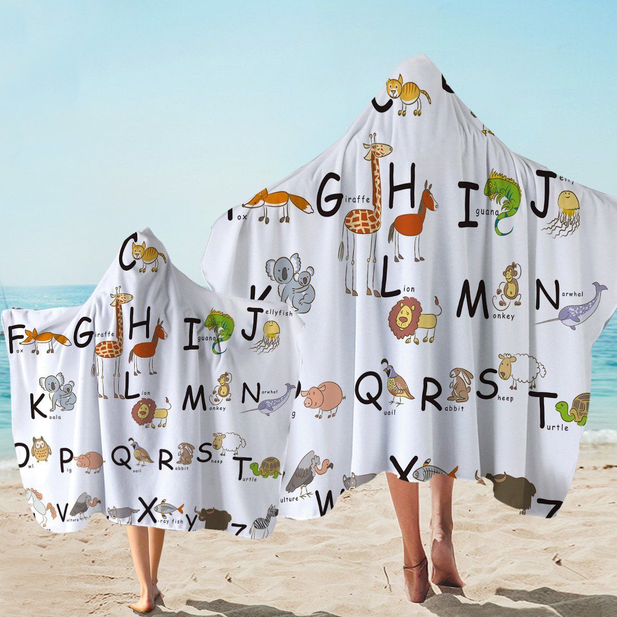 Kid Animal Alphabet On White Printed Hooded Towel