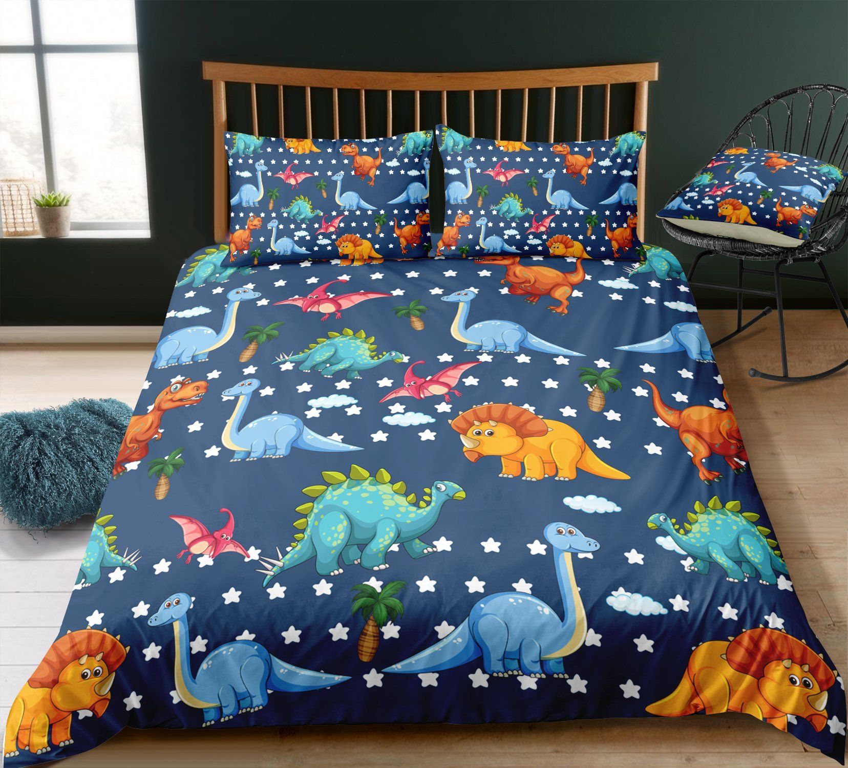 Kids Cartoon Dinosaur With White Pattern Bedding Set