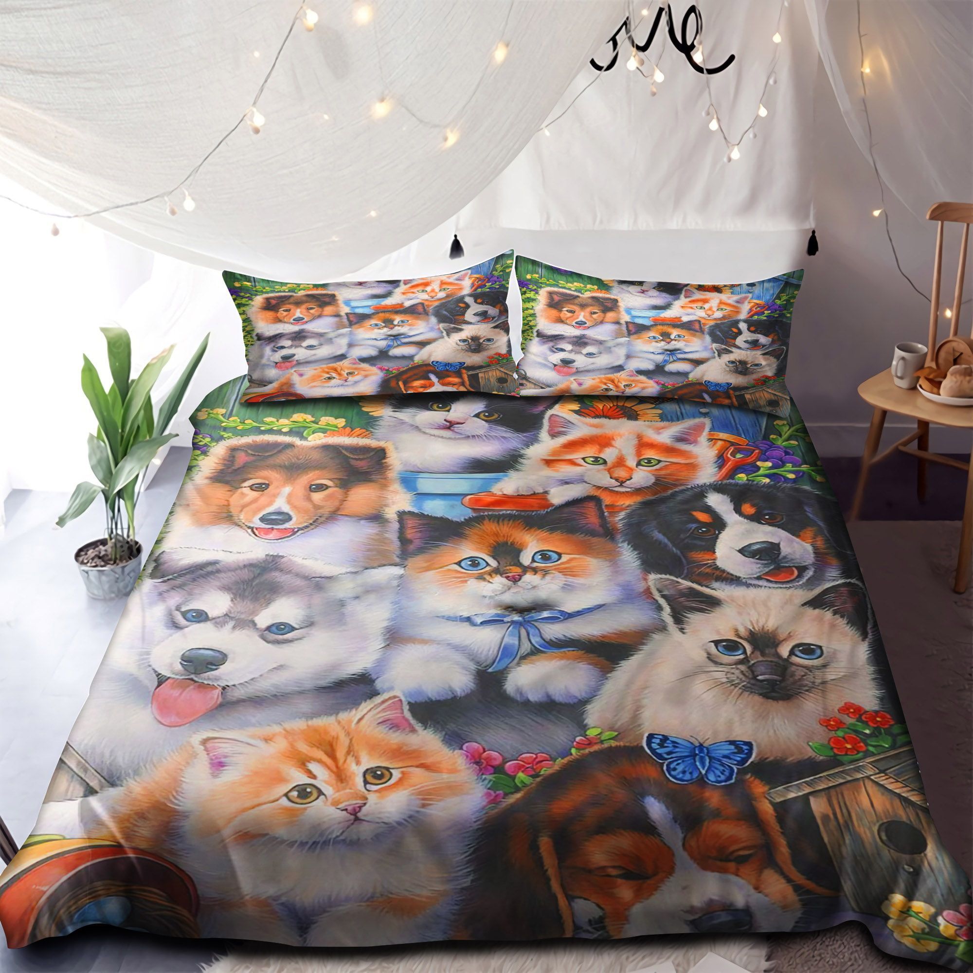 Kitten And Puppies In The Garden Bedding Set