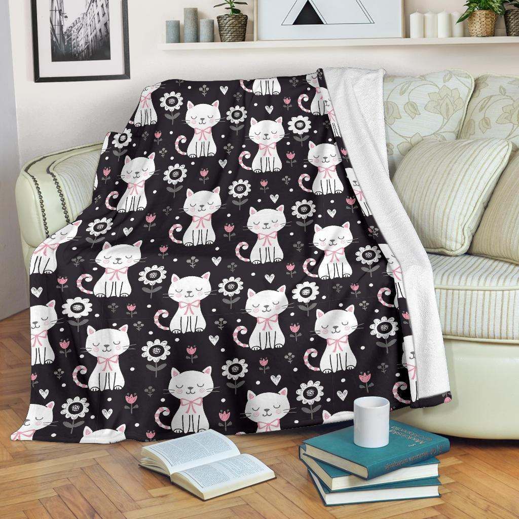 Kitten Floral Cat Sherpa Fleece Blanket