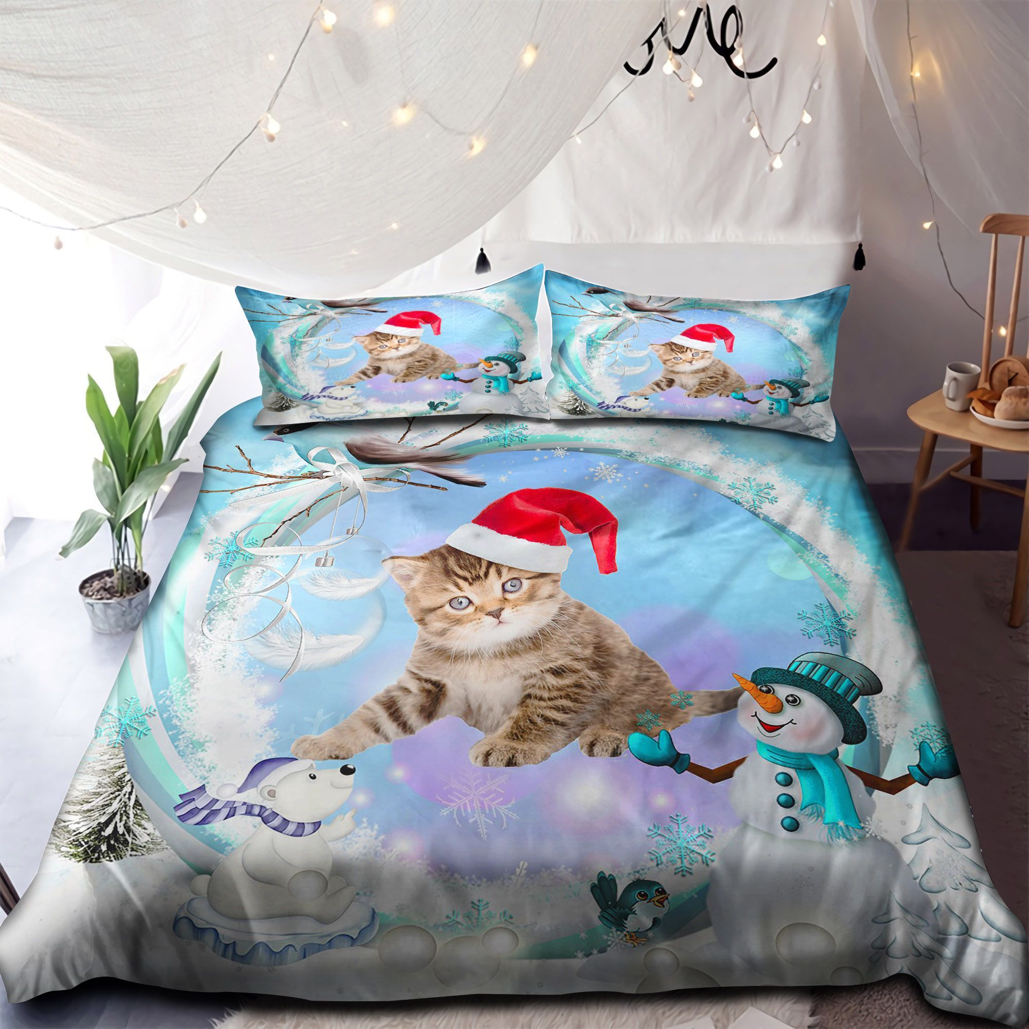 Kitten With Santa Hat Merry Christmas Bedding Set