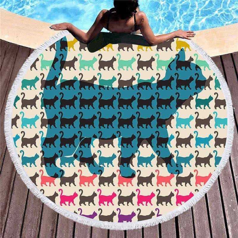 Kittens And A Big Cat Printed Round Beach Towel