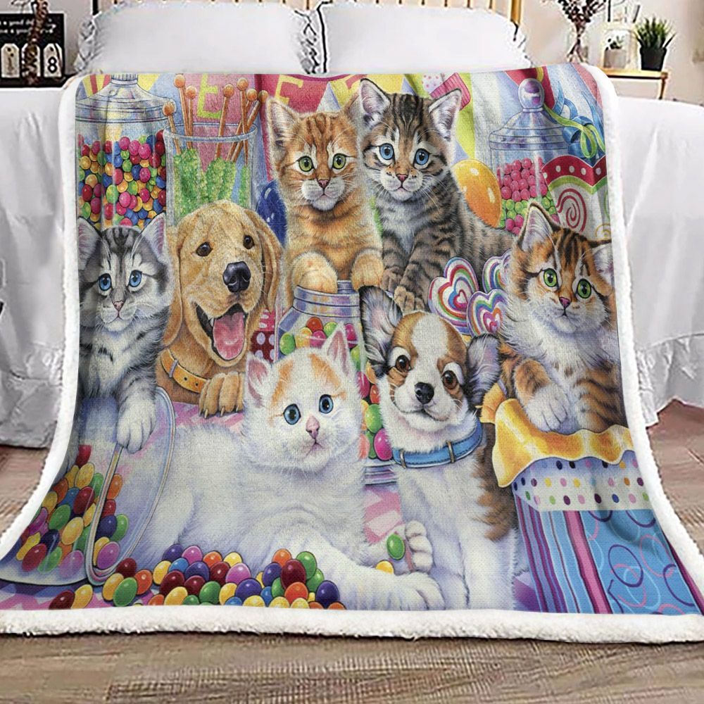 Kitty And Dog Candy Sherpa Fleece Blanket