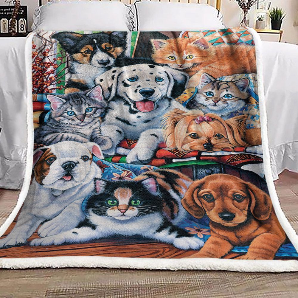 Kitty And Dog Sherpa Fleece Blanket