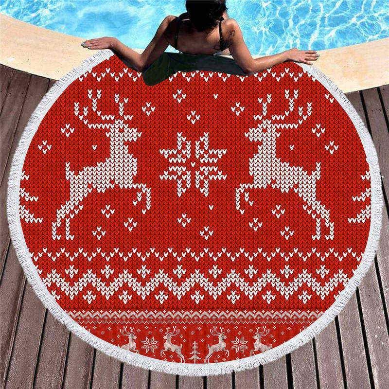 Knitted Fawn Merry Christmas Printed Round Beach Towel