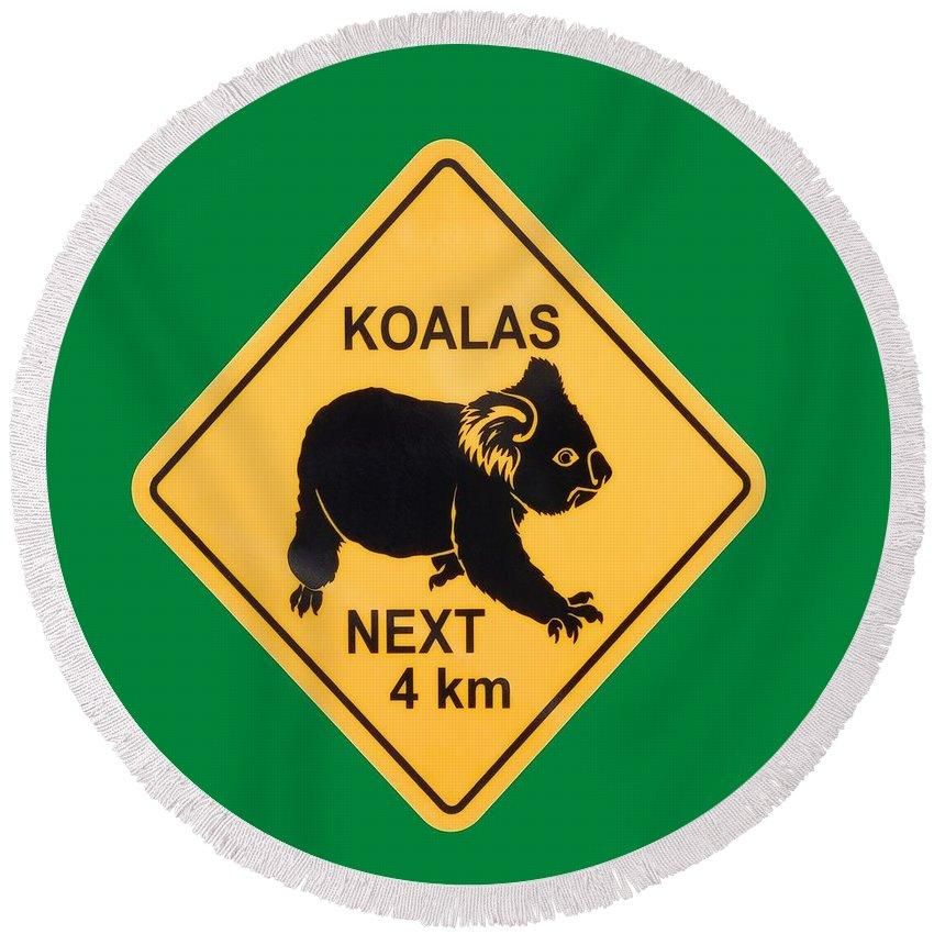 Koala Road Sign Green Printed Round Beach Towel