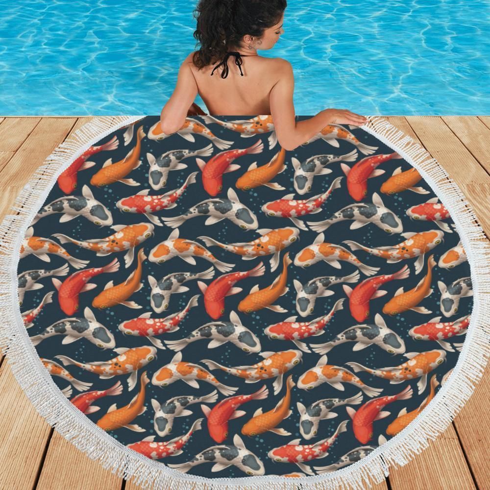 Koi Carp Cute Design Themed Printed Round Beach Towel