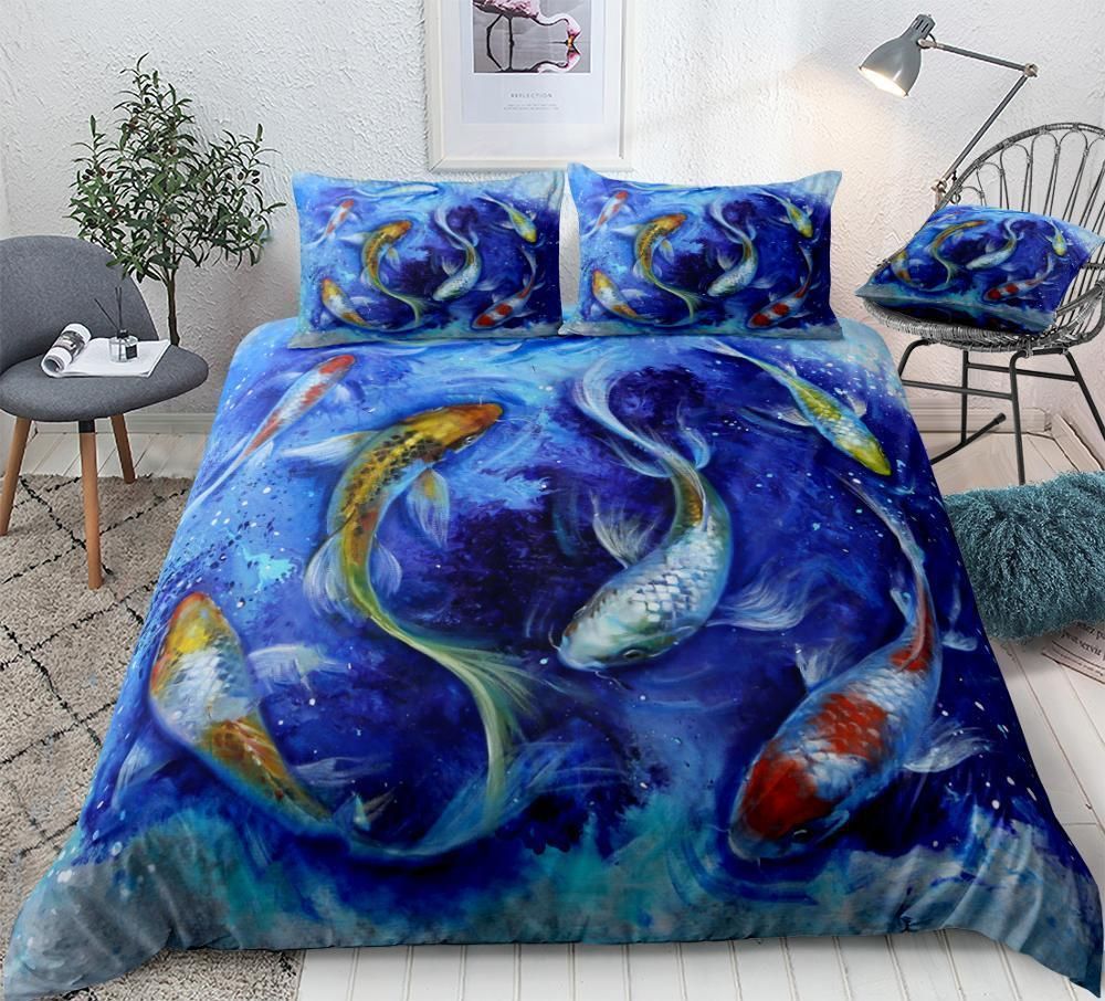 Koi Fish Dark Blue Background Bedding Set