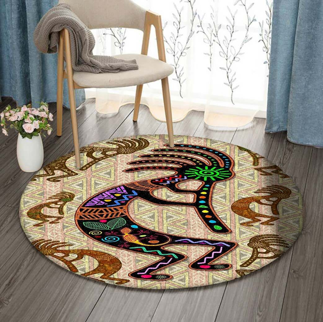 Kokopelli On Tribal Pattern Round Carpet