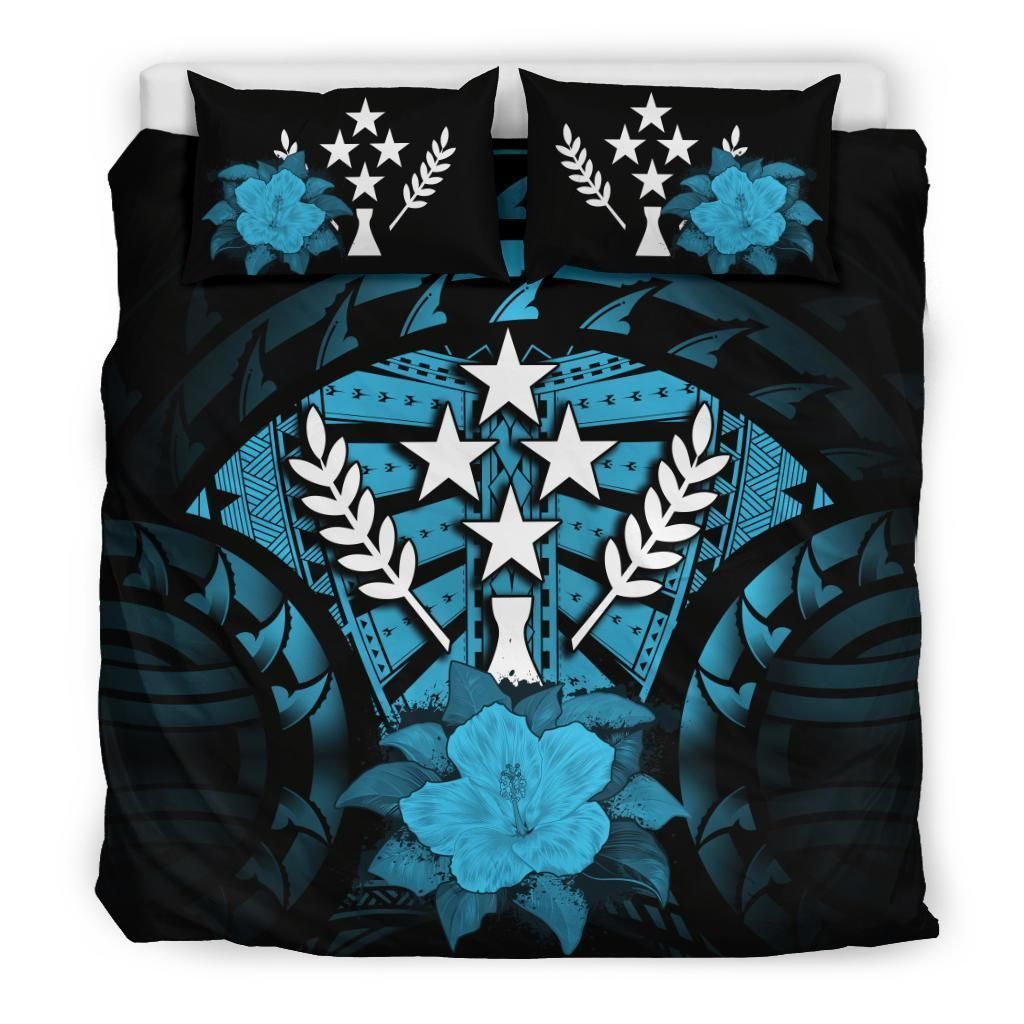 Kosrae Hibiscus Blue And Black Bedding Set