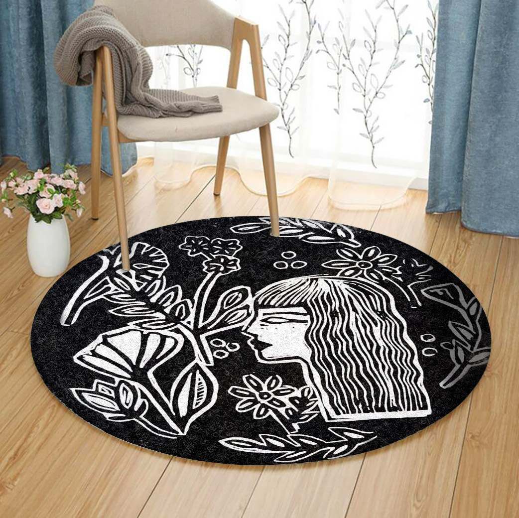 Lady And Flowers Round Carpet