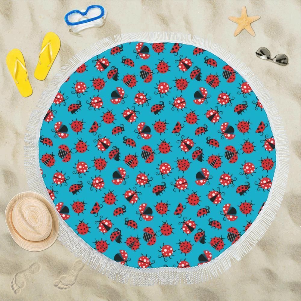 Ladybug Action On Blue Pattern Printed Round Beach Towel