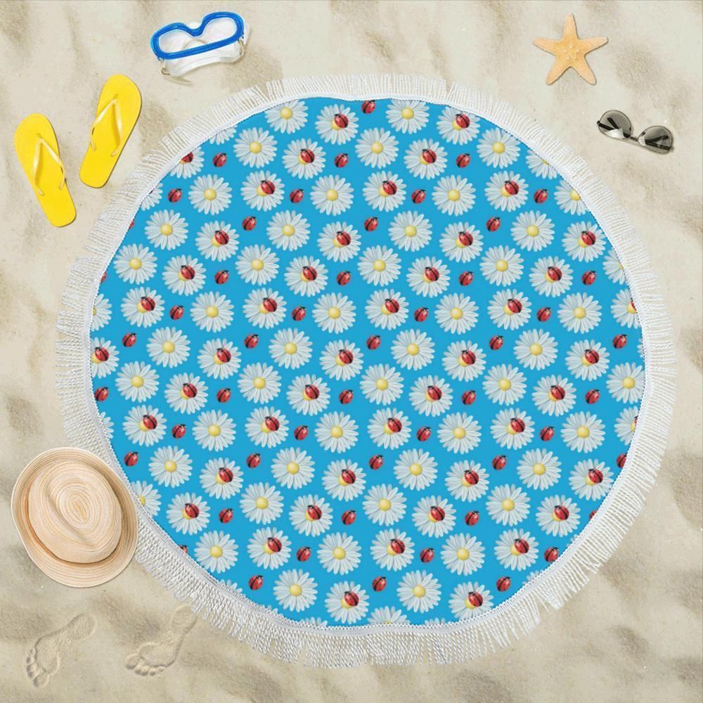 Ladybug With Daisy Themed On Sky Blue Printed Round Beach Towel