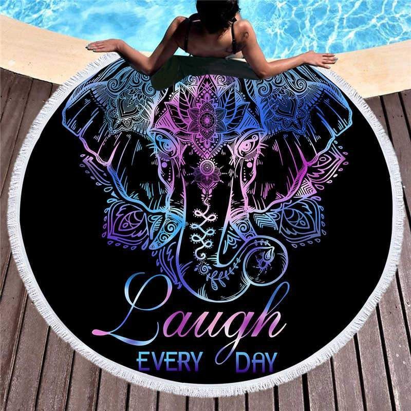 Laugh Every Day And Cartoon Elephant Lotus Printed Round Beach Towel