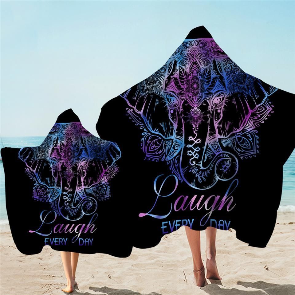 Laugh Every Day Elephant On Black Printed Hooded Towel
