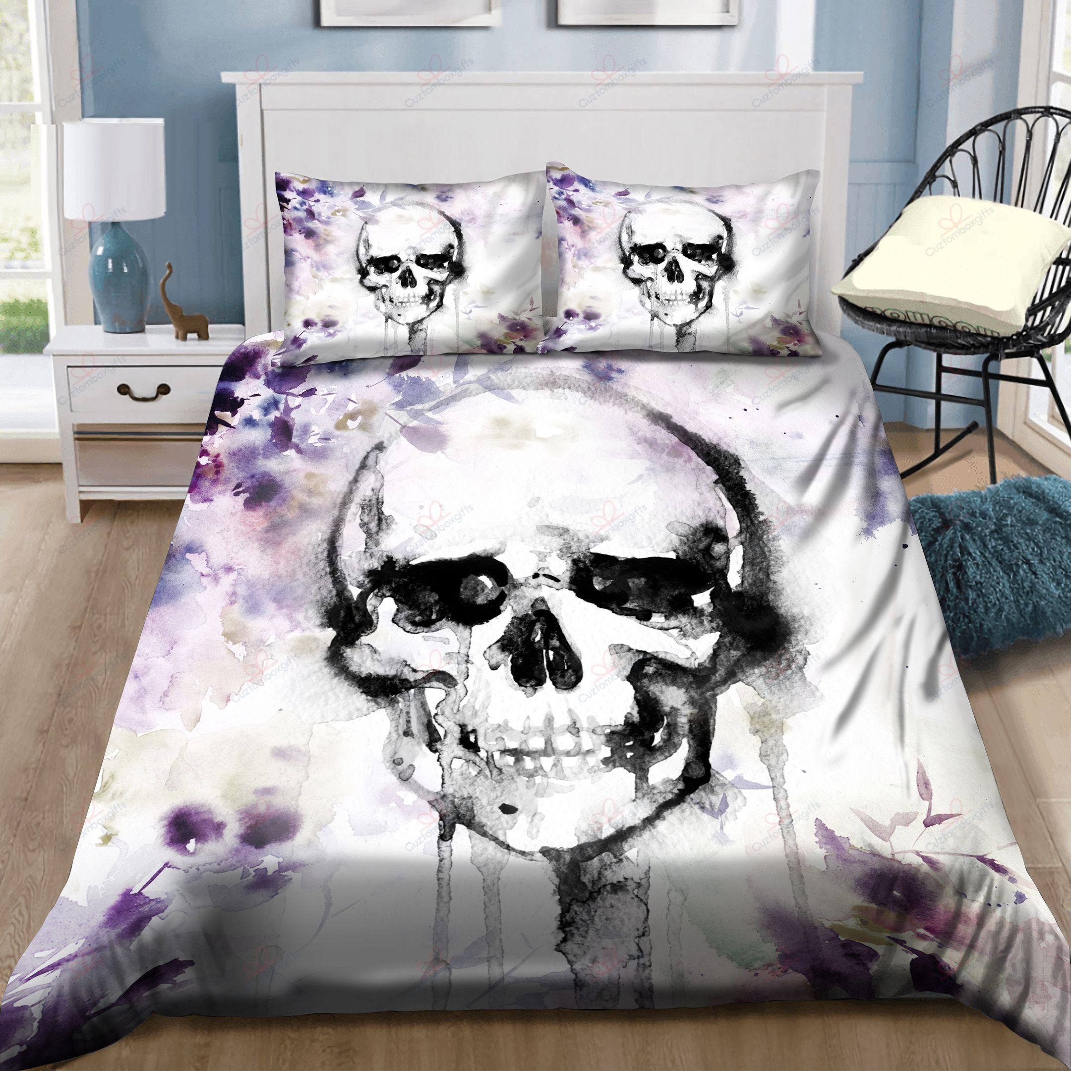 Lavender Fields Watercolor Skull Bedding Set
