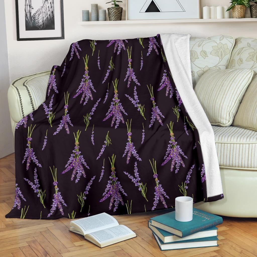 Lavender Pattern Print Design Black Fleece Blanket