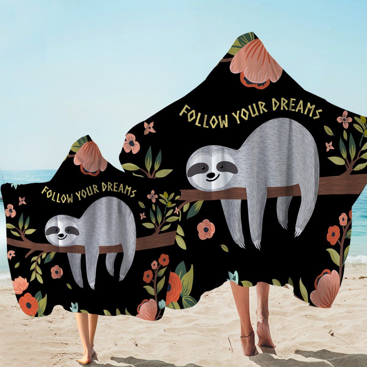 Lazy Sloth Follow Your Dreams Printed Hooded Towel