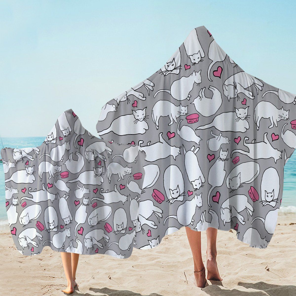 Lazy White Cat Pattern Printed Hooded Towel