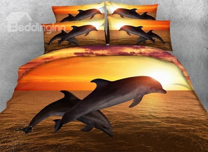 Leaping Dolphin At Sunset Bedding Set