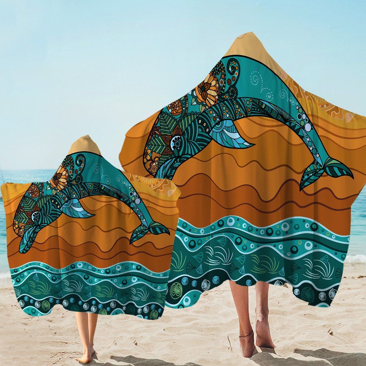 Leaping Dolphin Harmony And Wave Printed Hooded Towel