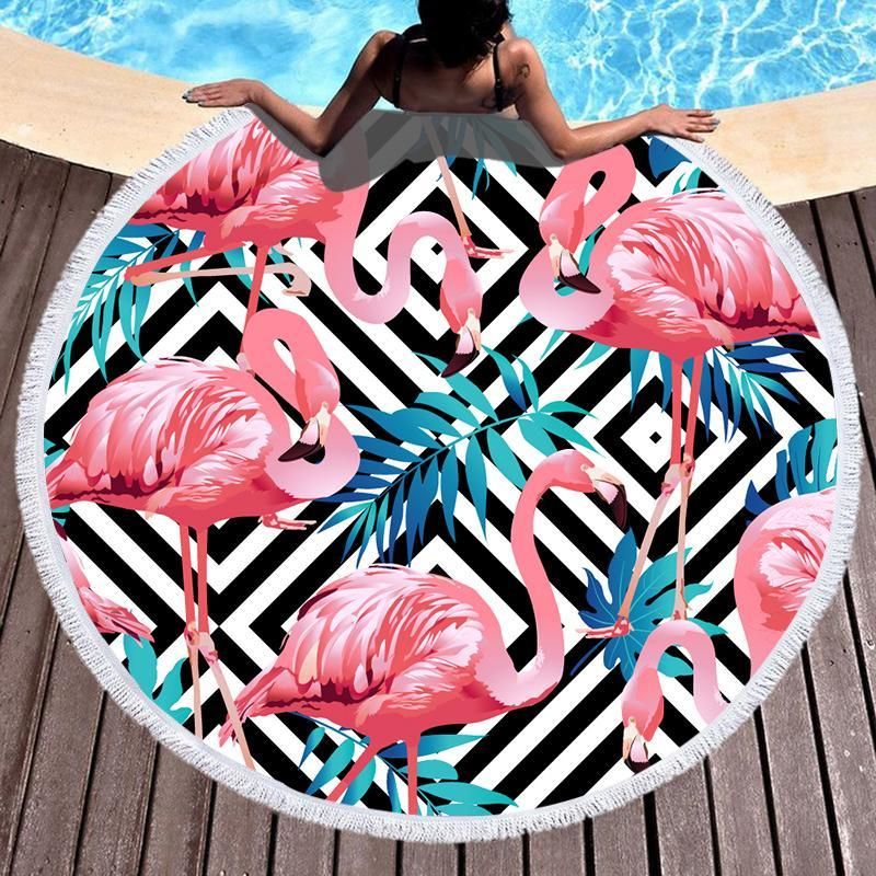 Leaves And Famingo Square Pattern Printed Round Beach Towel