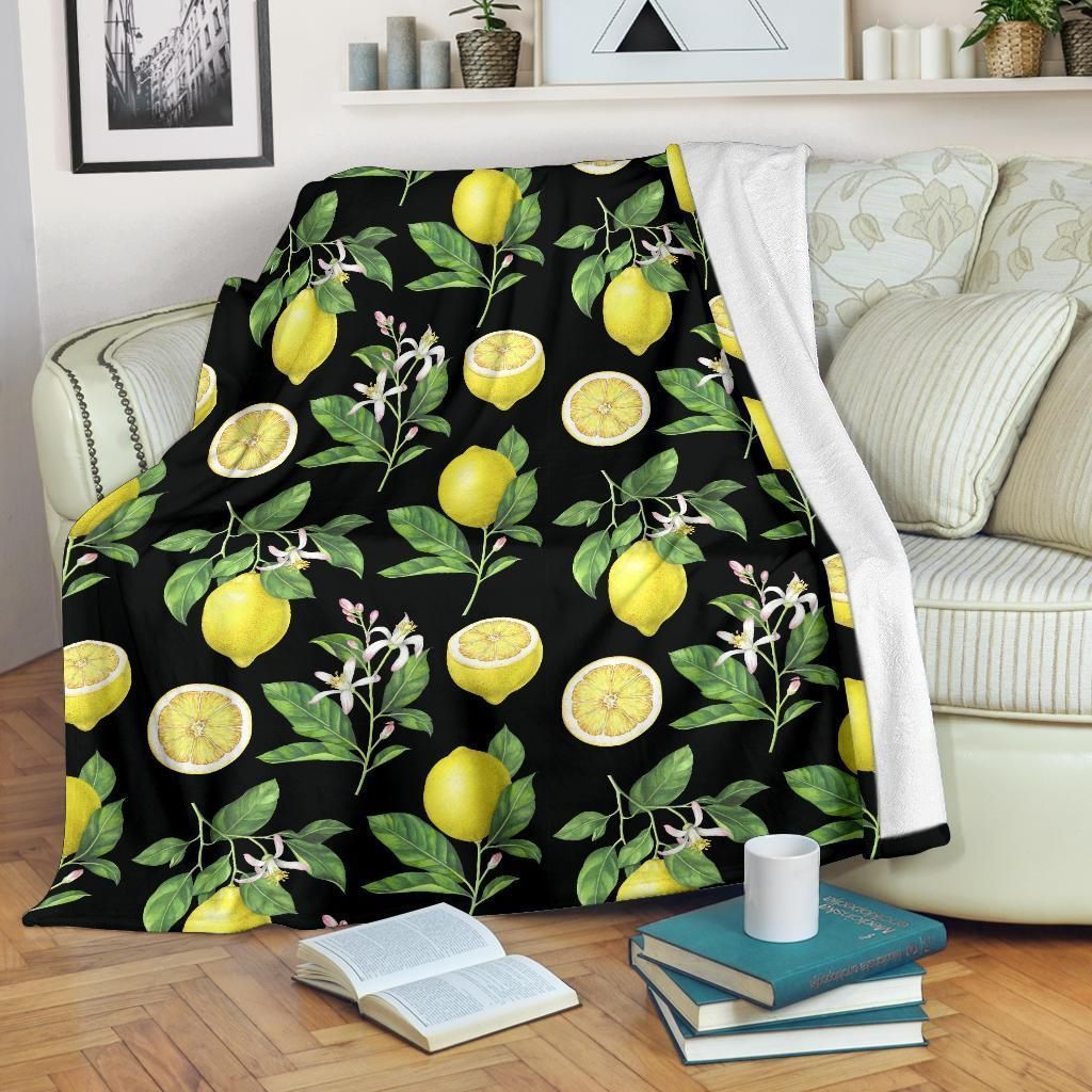 Lemon Pattern Print Design Black Fleece Blanket